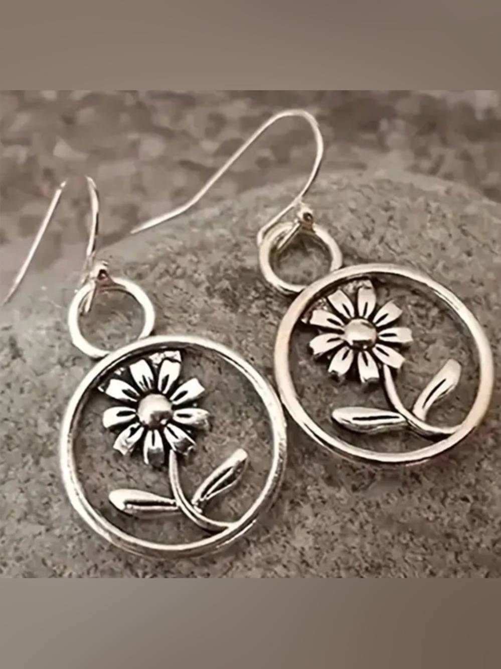 Sterling Floral Hoop Drop Earrings - Silver Daisy Design